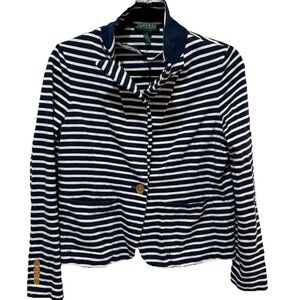 LAUREN RALPH LAUREN Navy White Stripe Cotton Blazer Jacket Women's Petite Large